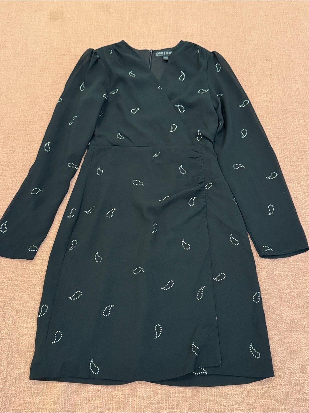 Black Long-Sleeve Faux Wrap Dress - Paisley rhinestone design - sheer sleeves